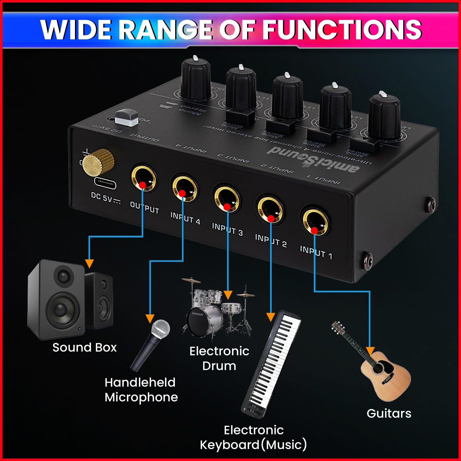 Mini Audio Mixer–Ultra Low-Noise 4-Channel Stereo Line Mixer| Independent Volume Control amiciKart