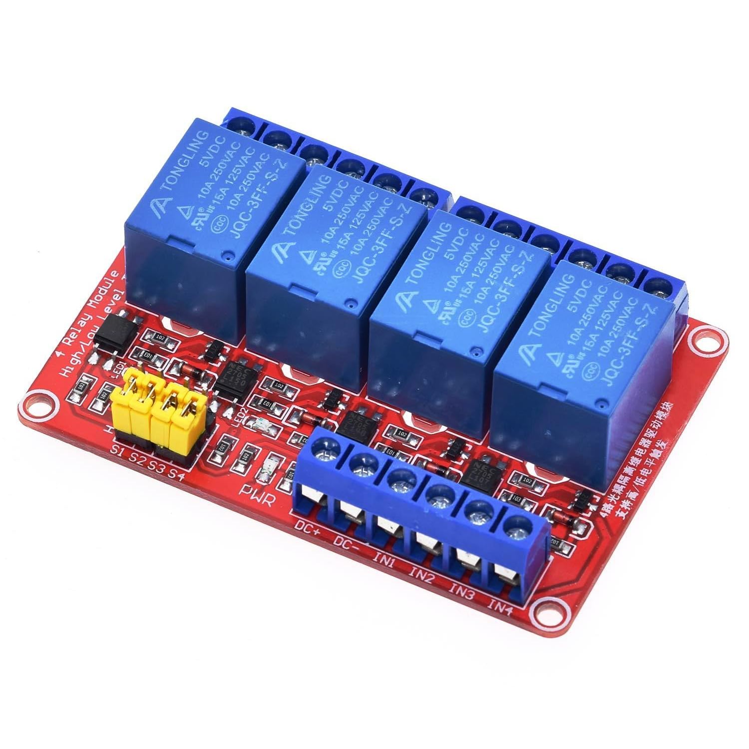 4 Channel 5V Relay Module with Optocoupler – High/Low Trigger for Arduino & Microcontrollers