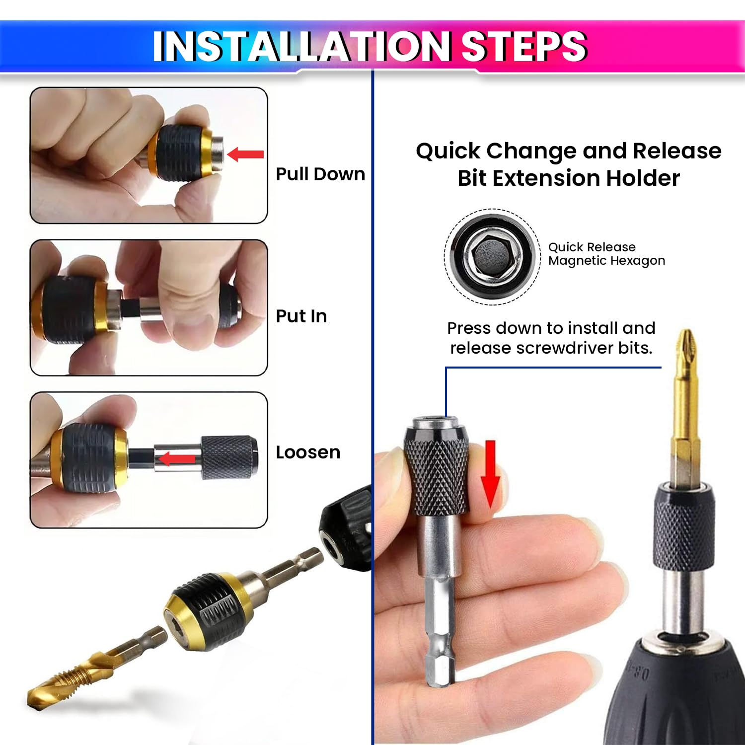 Self-Locking Quick Release Drill Bit Holder Combo – 1/4'' Hex Shank Extension with Angle Adapter