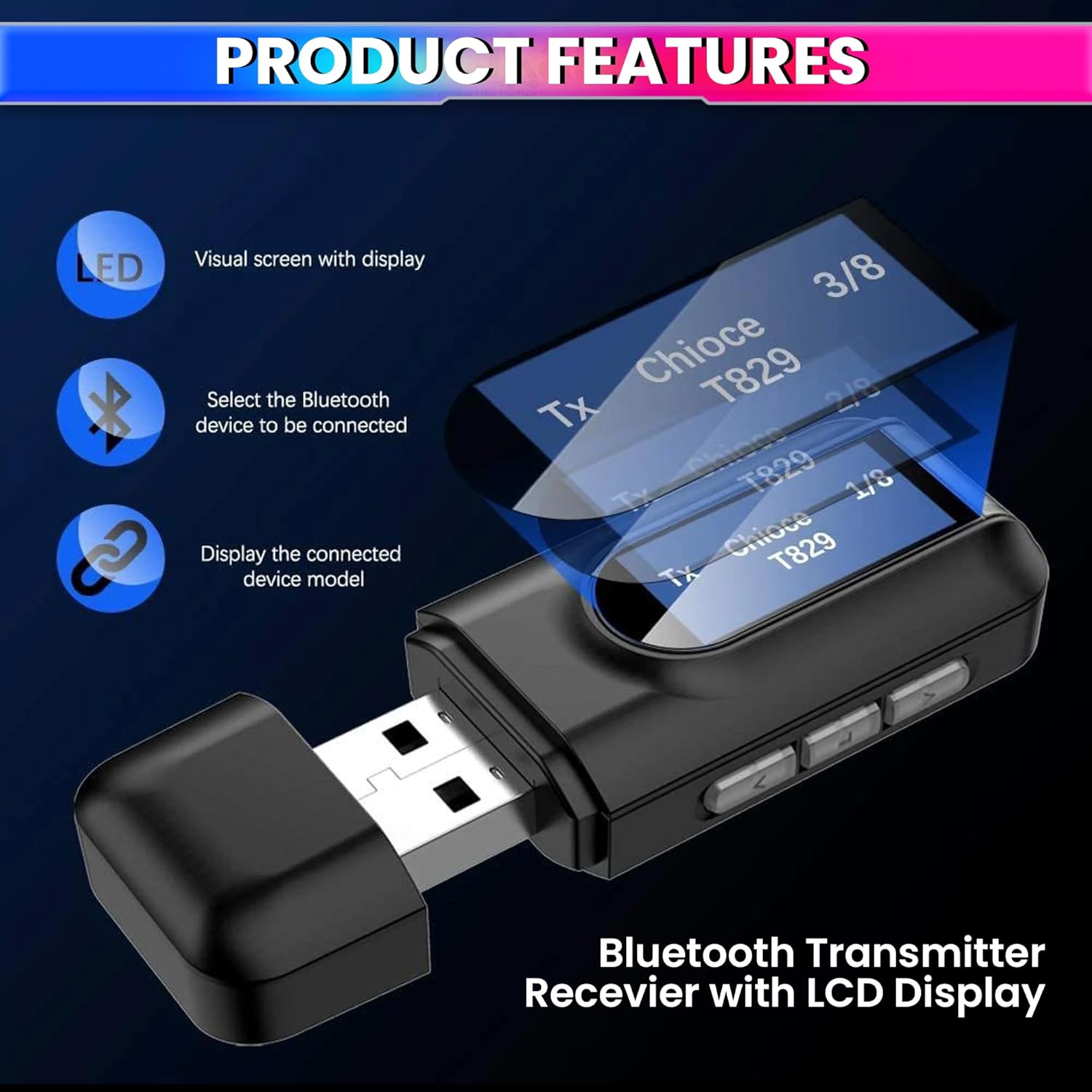 5.0 Bluetooth Transmitter & Receiver with LCD & Mic, 3.5mm AUX Wireless Dongle for Car/Phone