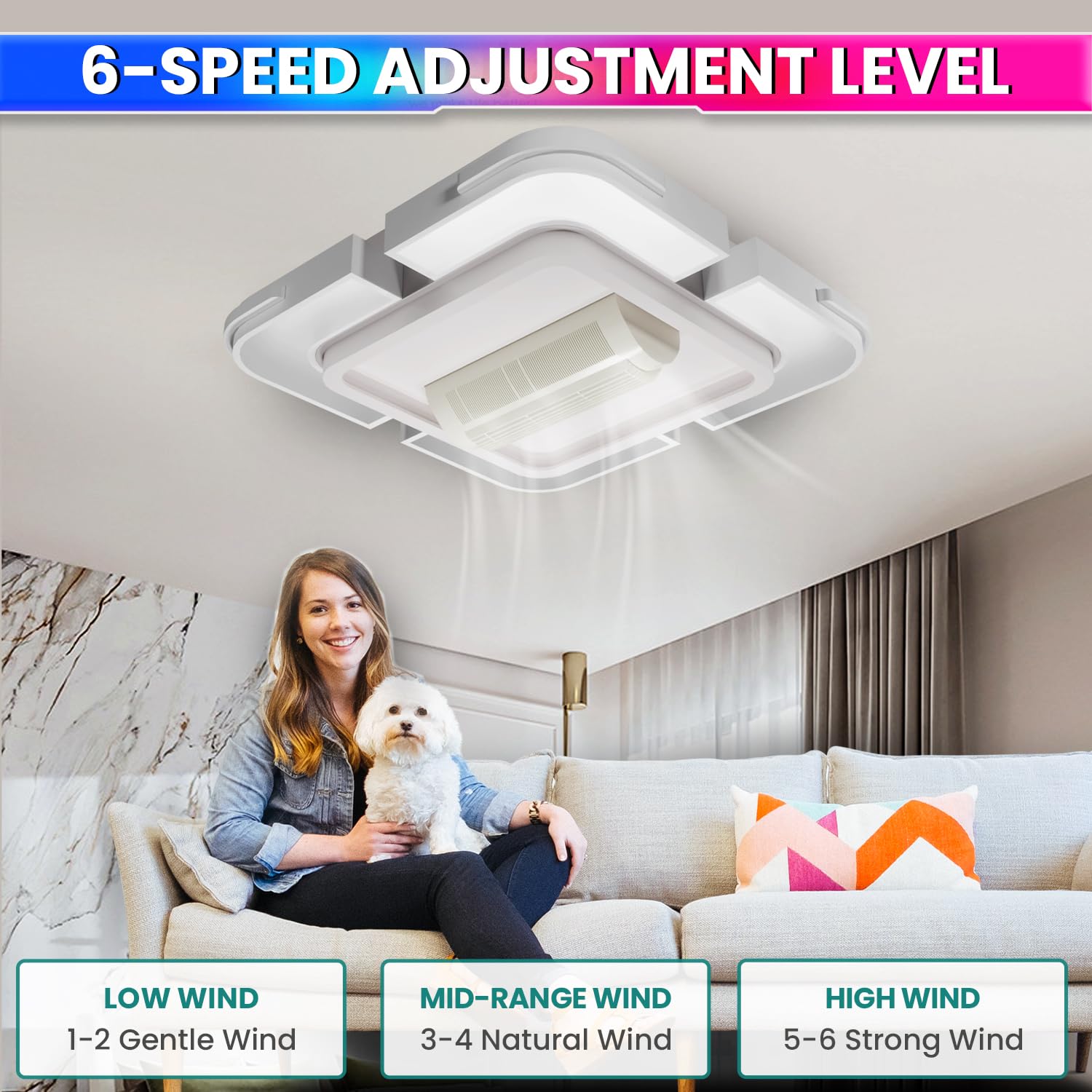 Bladeless Ceiling Fan with LED Light & Remote Control | 6-Speed Fan, 3-Color Adjustable Light