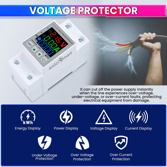 Digital Energy Meter Over/Under Voltage & Overload Protection Device with Auto Reconnect and LCD Display 63A 230V