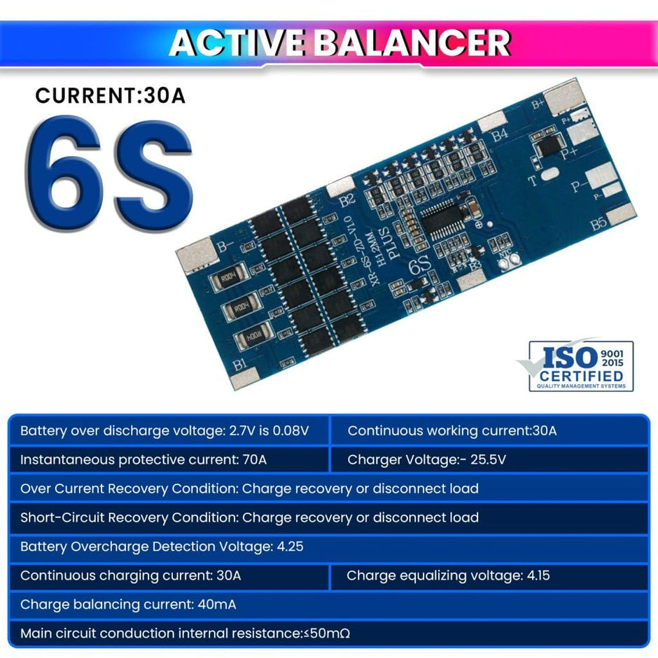 Smart Battery Management System Active Balancer Board with 24V 6S 30A Heavy-Duty BMS Protection Board for Li-Ion