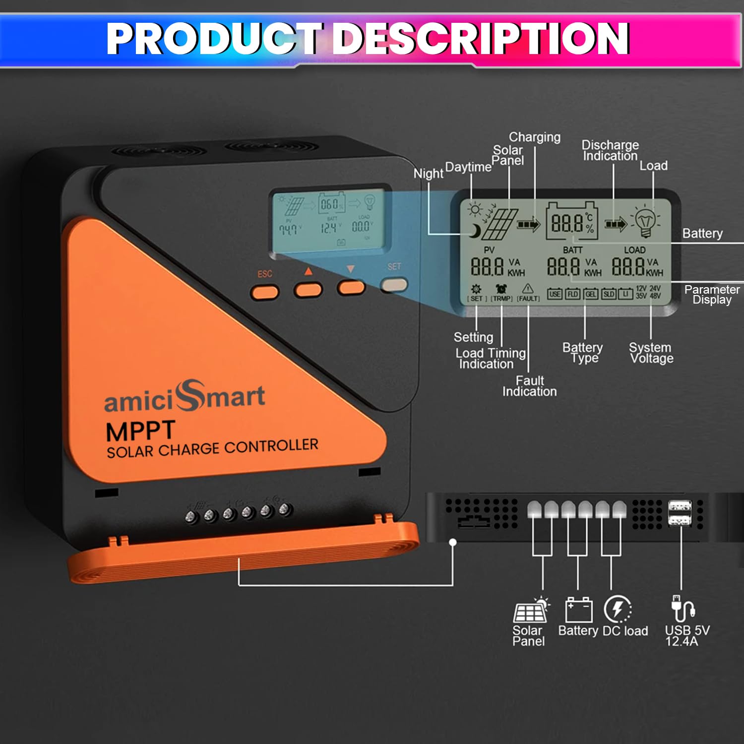 60A True MPPT Solar Charge Controller Lithium Battery Regulator with 5V/3A USB Port & LCD Display for Monitoring