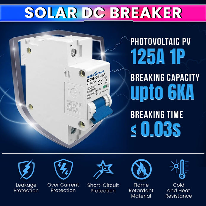 Overloads and Short Circuit Protection 125A DC Circuit Breaker 250V DIN Rail Mount, Solar & Battery Protection