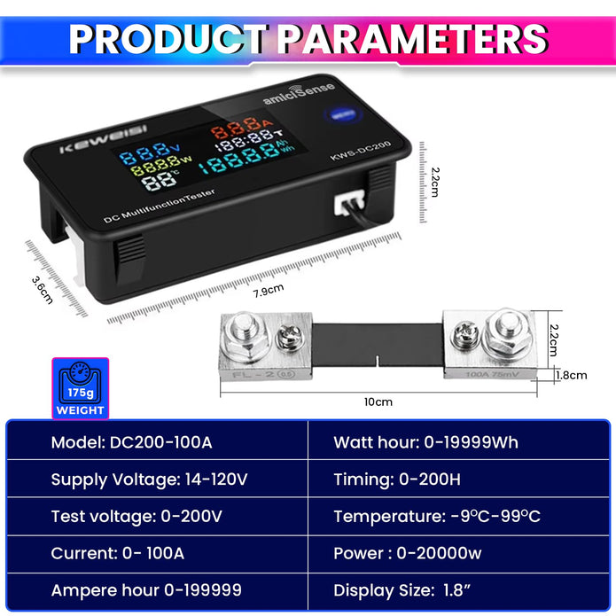 100A DC Energy Meter 6-in-1, Voltage, Current, Power & Temperature Monitor for Solar & Battery Systems