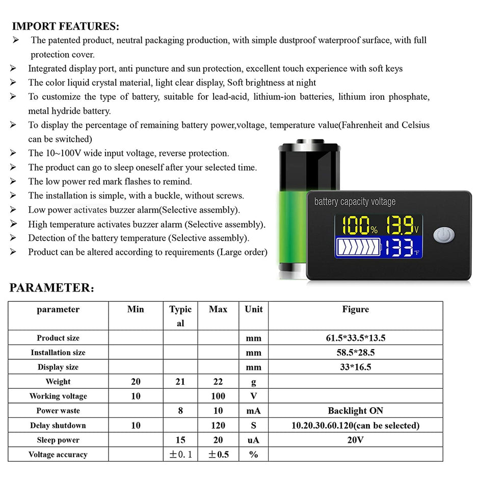DC 10–100V Battery Capacity Indicator – Charge, Voltage Monitor with Temp Sensor & Alarm