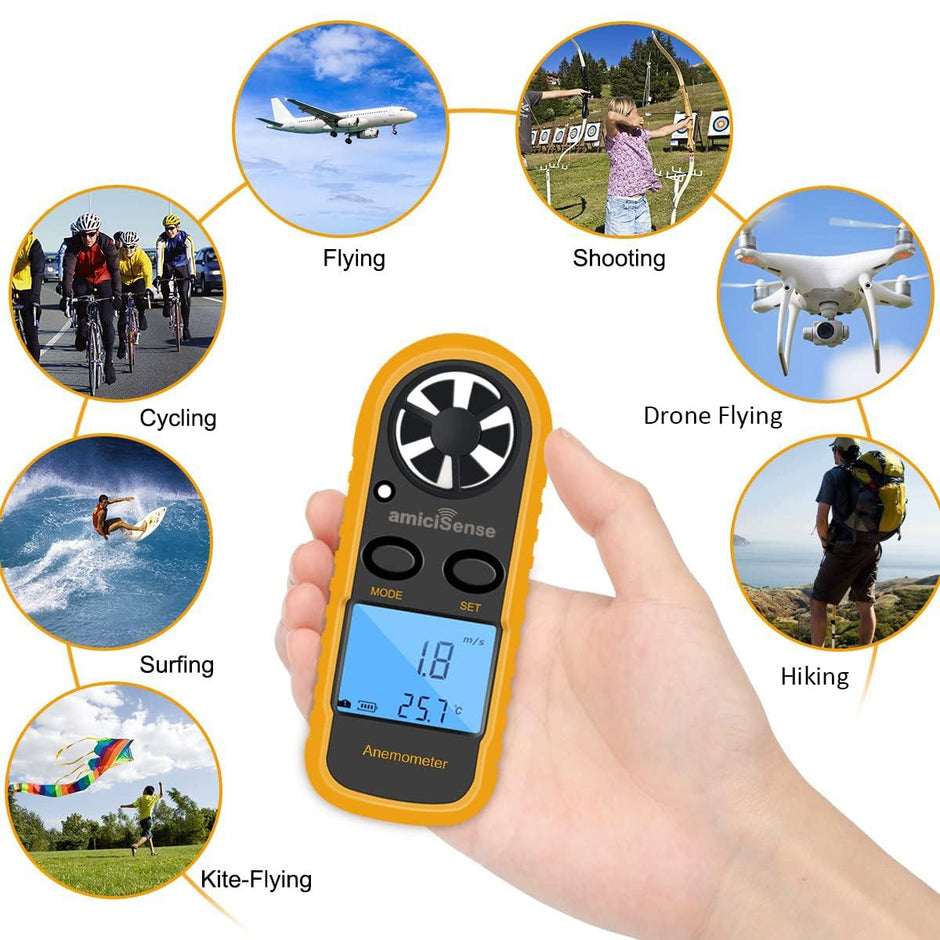amiciSense GM816 Pocket LCD Digital Anemometer Air Wind Speed Gauge with Temperature Measurement and 1 Year Warranty