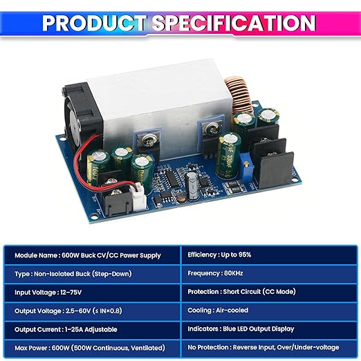 600W 25A Adjustable DC-DC Buck Converter, 12–75V to 2.5–60V Constant Voltage Current Module