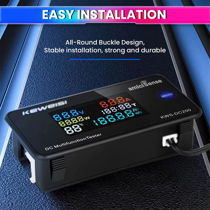 100A DC Energy Meter 6-in-1, Voltage, Current, Power & Temperature Monitor for Solar & Battery Systems
