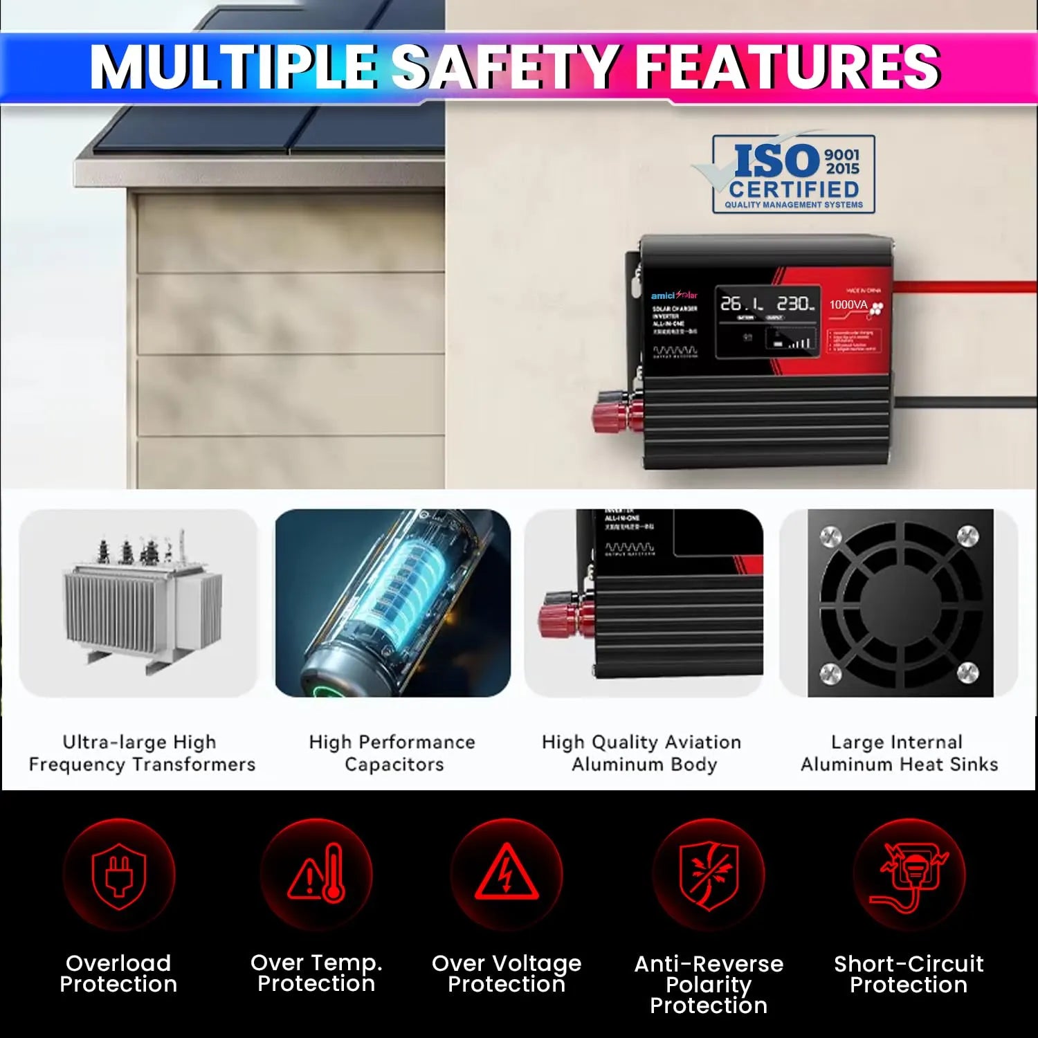 500W Off-Grid Solar Inverter – 1000VA 12V DC to 220V AC Modified Sine Wave Converter with Built-in MPPT Controller