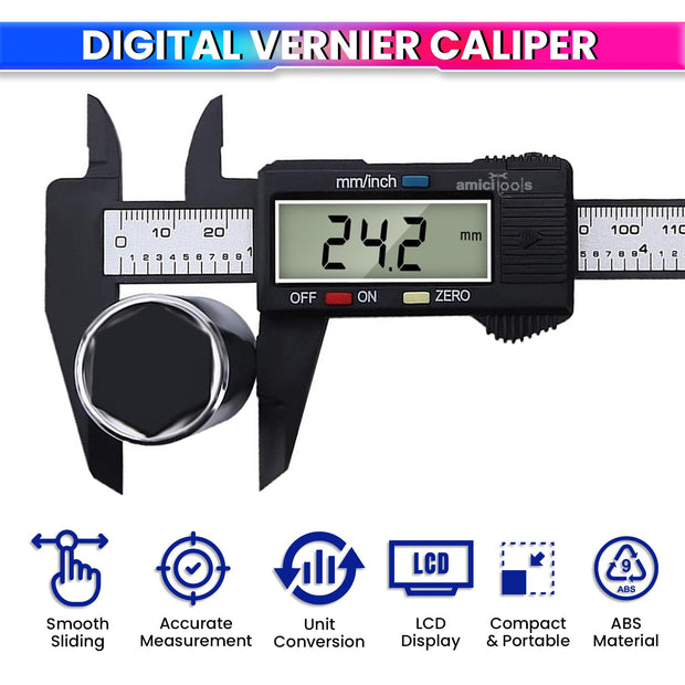 150mm Digital Vernier Caliper – ABS Body, LCD Display, Inch/MM & Zero Setting Function