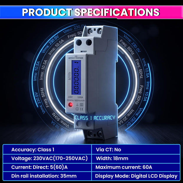 18mm Digital Energy Meter Single Phase 1P 2 Wire 230V AC 60A | kWh Power Consumption with LCD Display