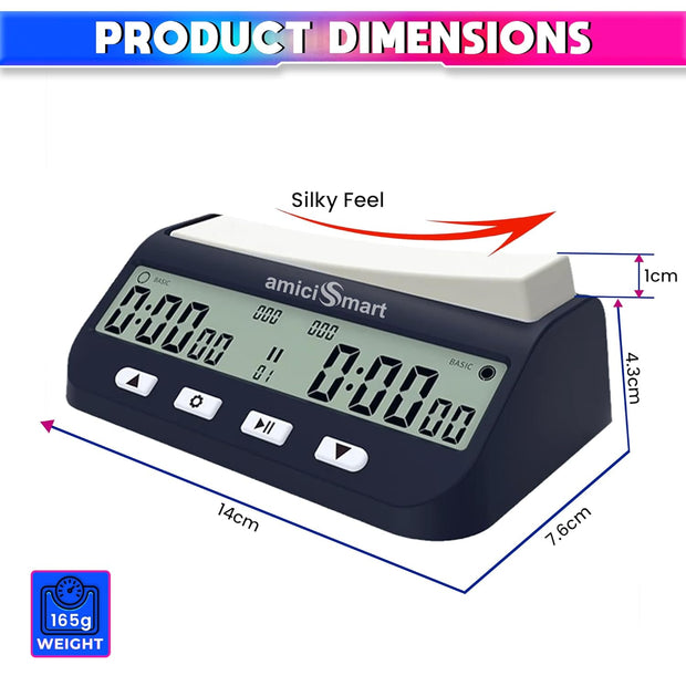 amiciSmart Professional Chess Clock Timer with 5 Modes: Basic, Bonus, DELAY, BYO-YOMI, Count-UP