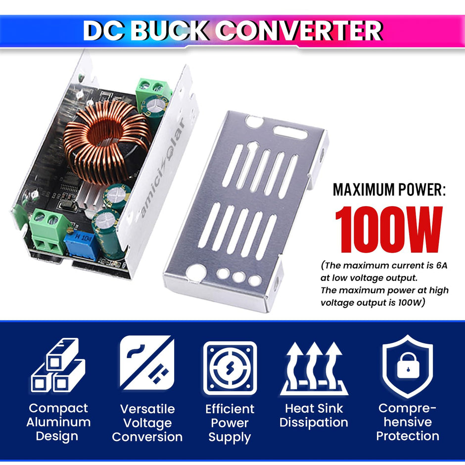 amiciSolar 6A DC-DC Buck Converter 10-90V to 1.5V-60V Step-down Power Voltage Regulator Module – Adjustable Output for Electronics & more