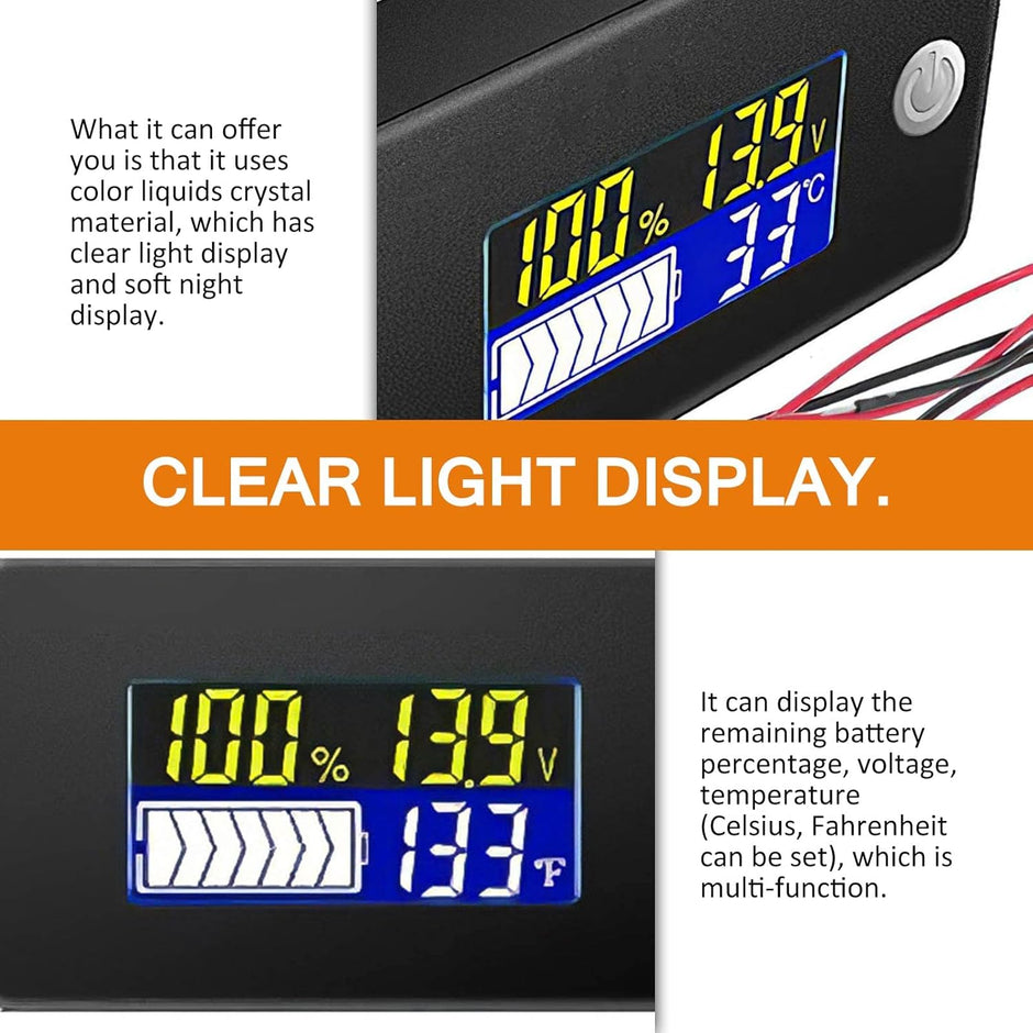 DC 10–100V Battery Capacity Indicator – Charge, Voltage Monitor with Temp Sensor & Alarm