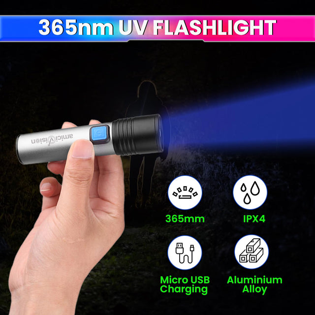 365nm UV Flashlight - Rechargeable Ultraviolet Black Light with 4-Modes