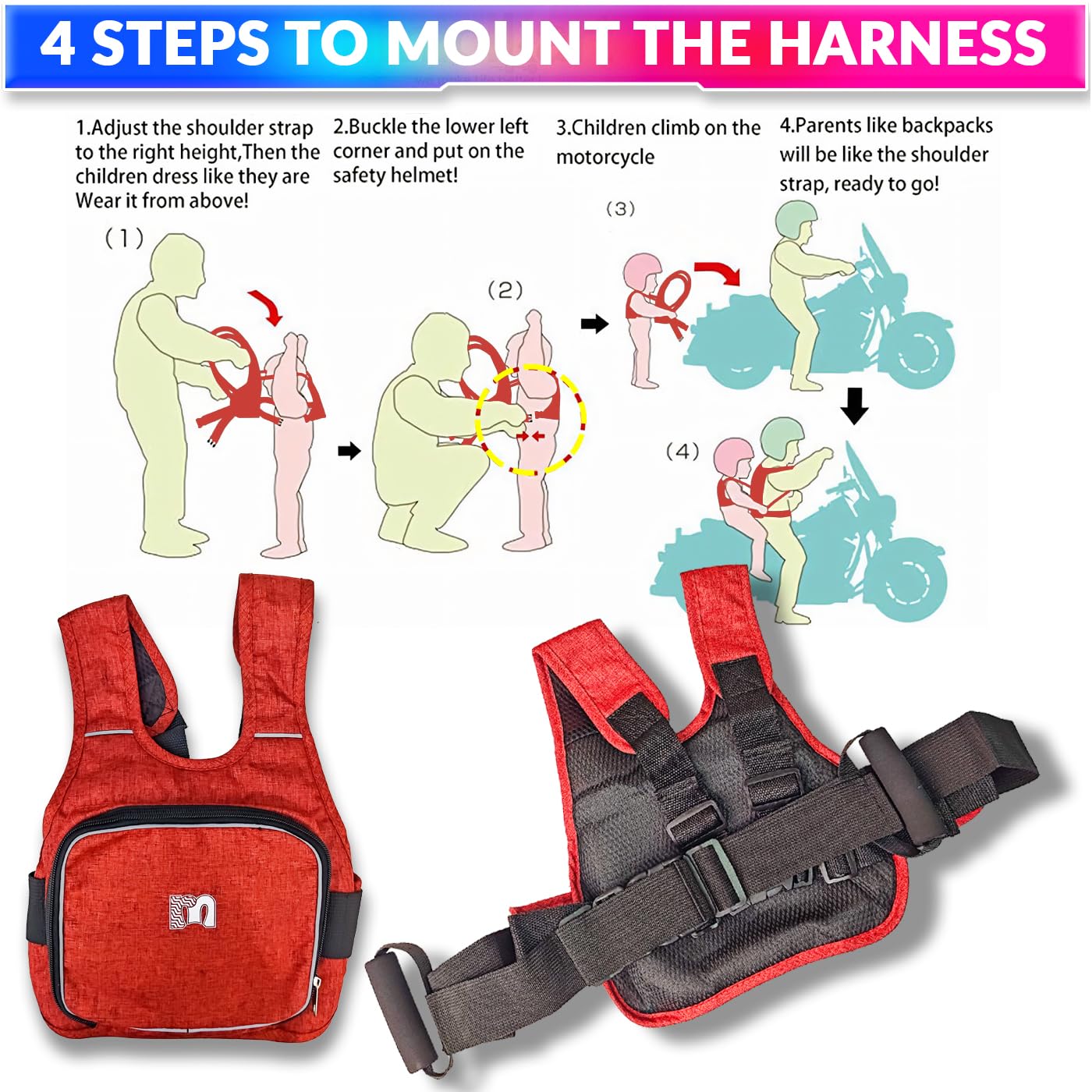 Children Motorcycle Safety Strap – Adjustable Harness for 2-12 Years