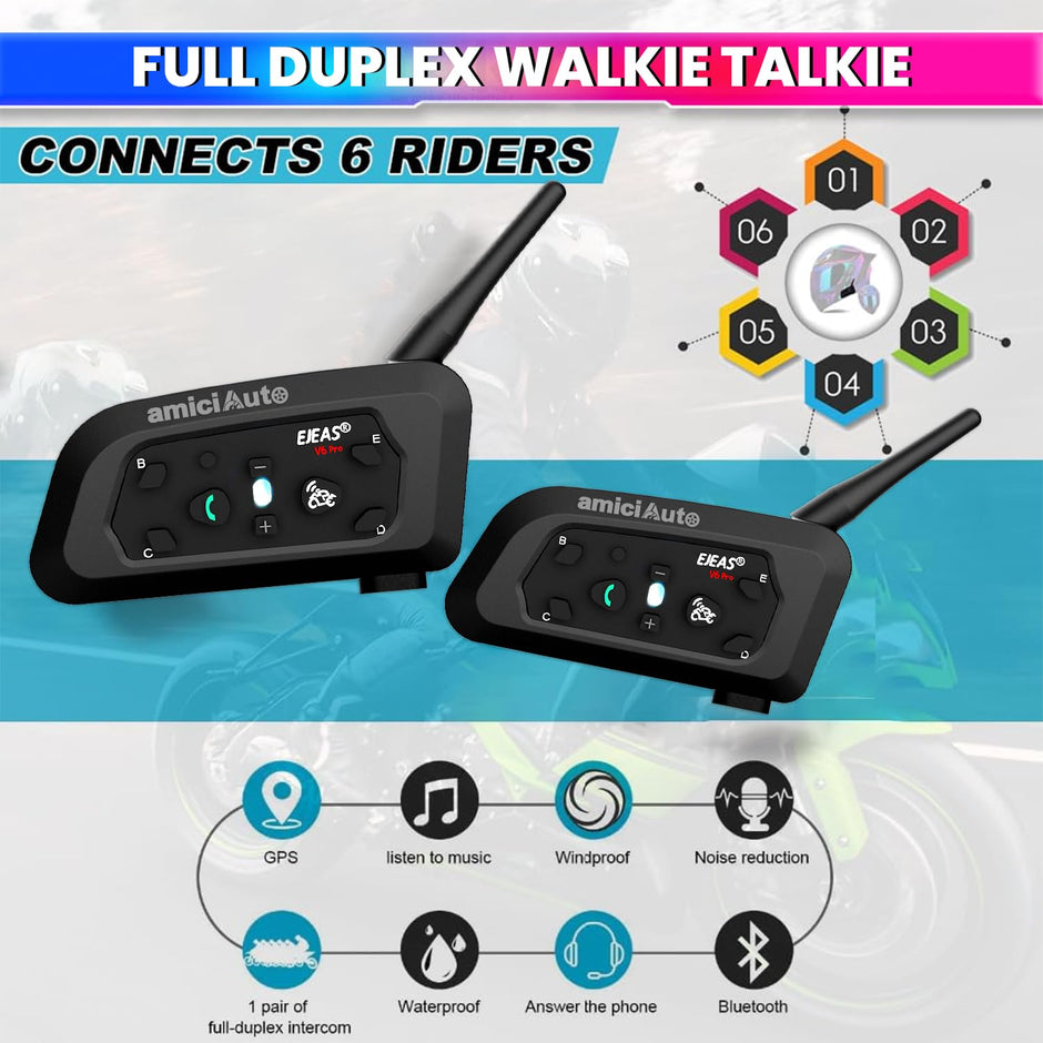 Ejeas V6 Pro Helmet Bluetooth Intercom for 6 Riders, Headphone with Mic