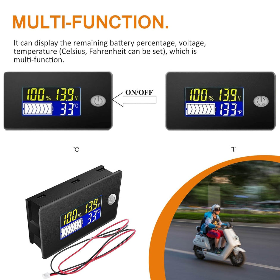 DC 10–100V Battery Capacity Indicator – Charge, Voltage Monitor with Temp Sensor & Alarm