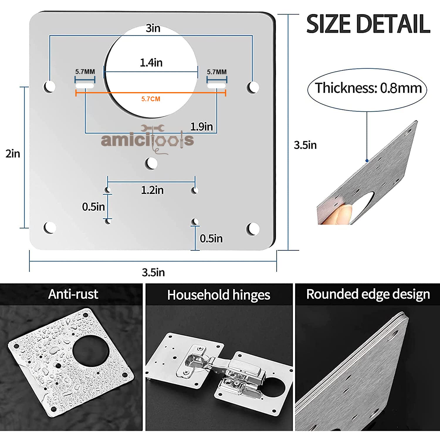 amiciTools Stainless Steel (SS202) Hinge Repair Plate with Mounting Screws for Furniture, Shelves, Cabinet Protection (4-Pcs)