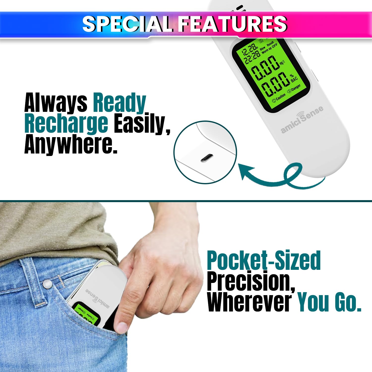 Handheld Alcohol Tester with Advanced Sensor & Data Download, USB Rechargeable