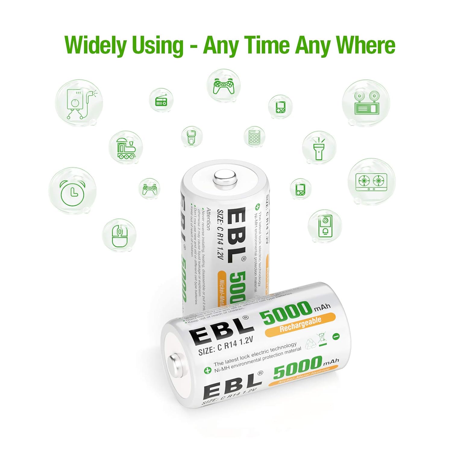EBL C Size C Cell 5000mAh Ni-MH Rechargeable Batteries, Pack of 2, (C2) amiciKart c0tmiz-hs.myshopify.com