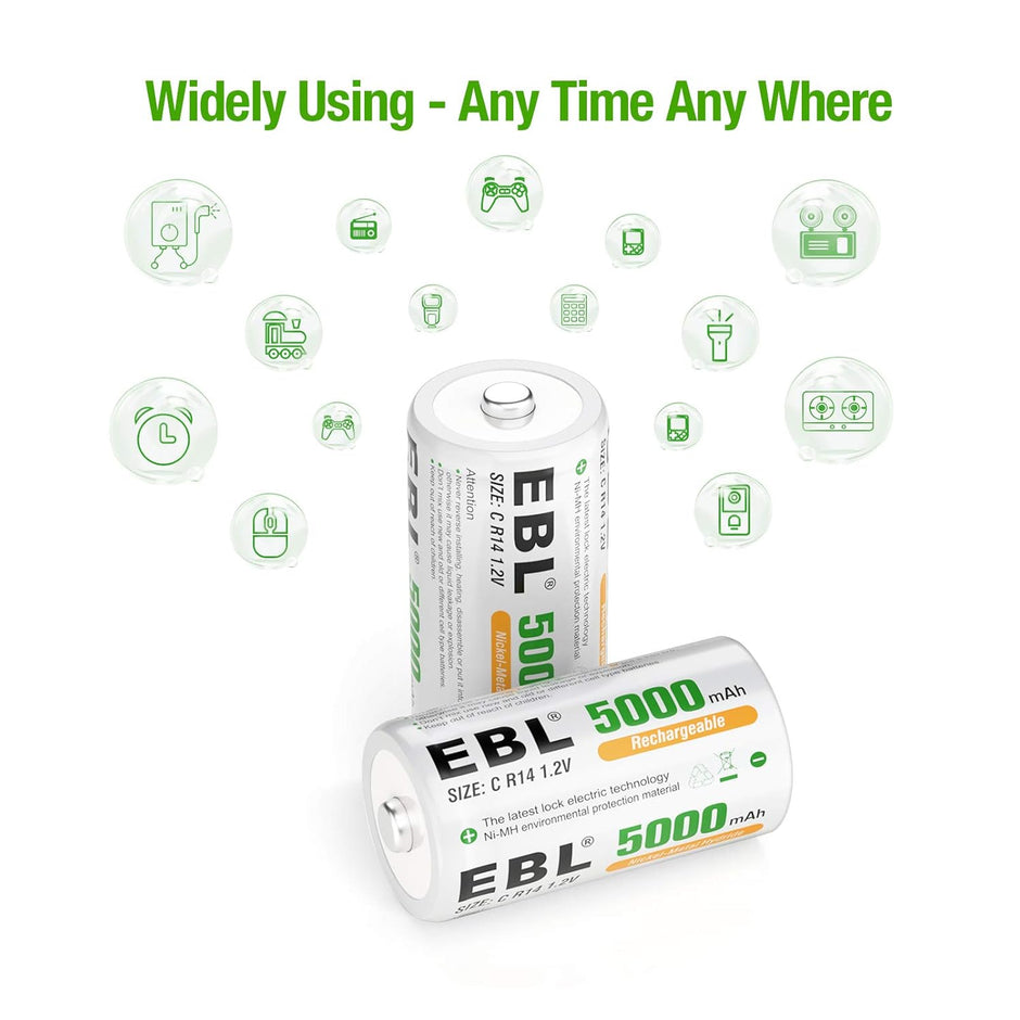 EBL C Size C Cell 5000mAh Ni-MH Rechargeable Batteries, Pack of 2, (C2) amiciKart c0tmiz-hs.myshopify.com
