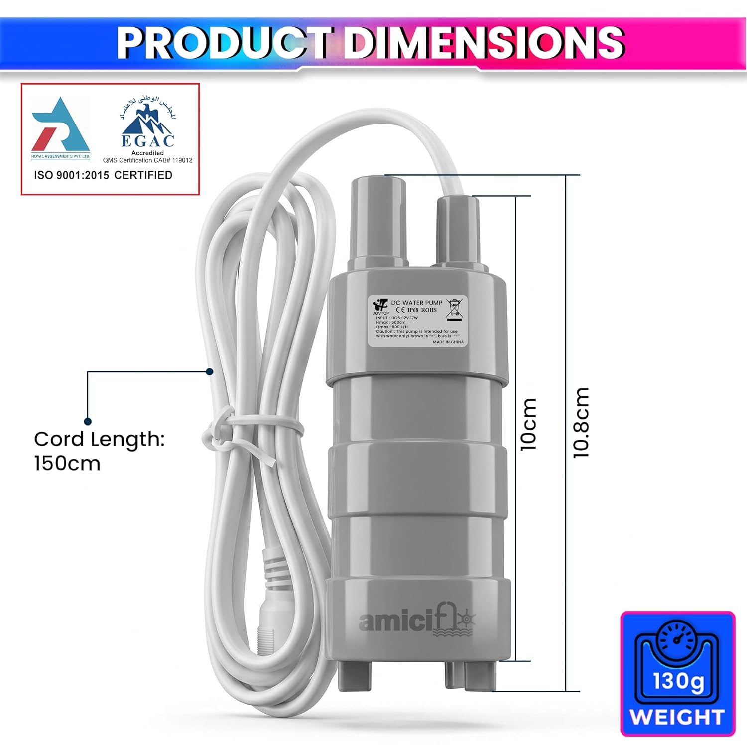 12V DC Submersible Water Pump 17W | 600L/H Flow 5m Lift | Aquarium, Fountain & Hydroponics