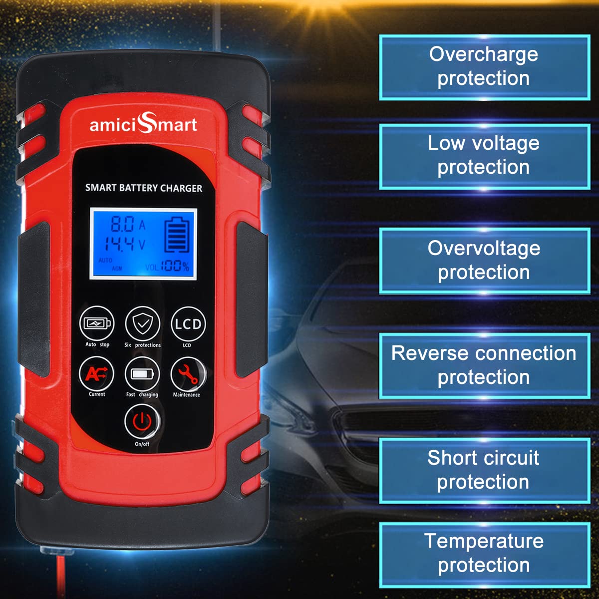 8A Automatic Car Battery Charger, 4-Stage Intelligent Battery Maintainer (12V/24V-Lead Acid Battery)