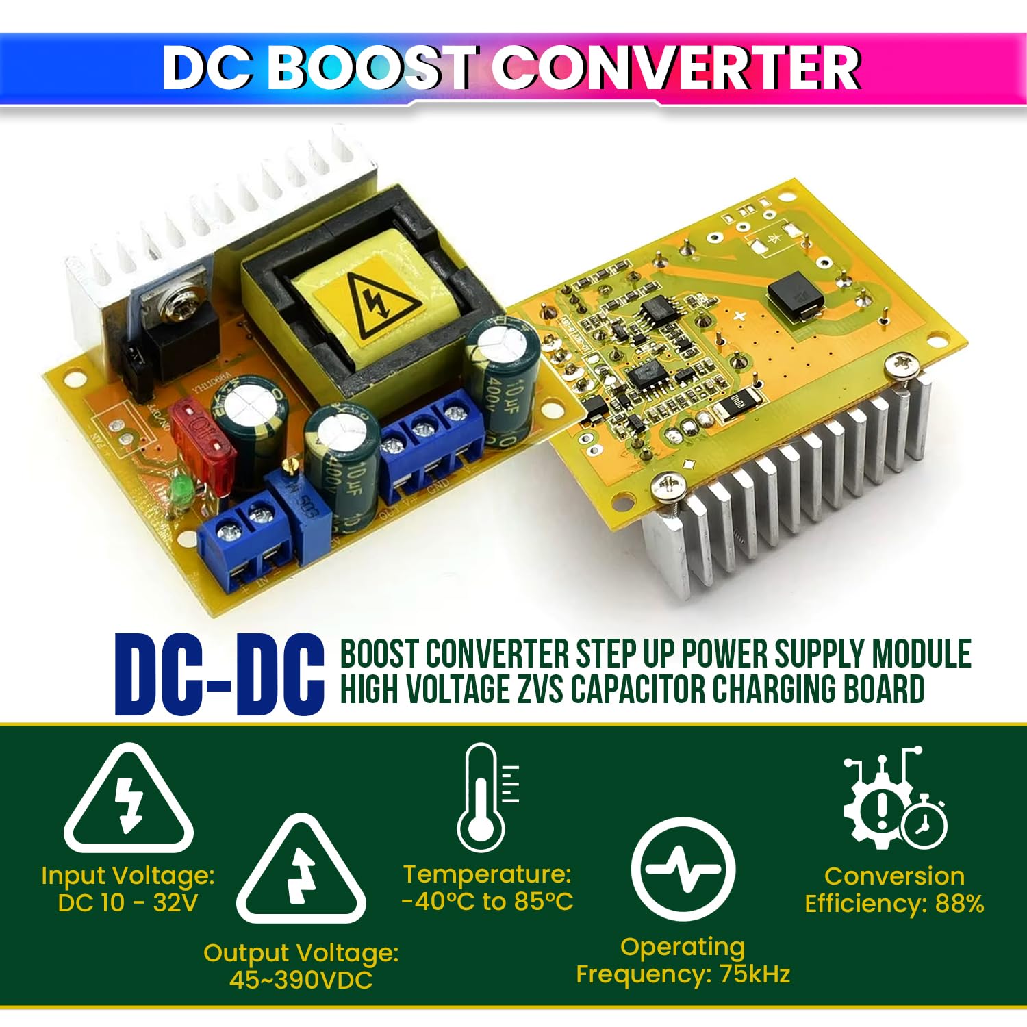 amiciSolar 8-32V to 45-390V DC-DC Boost Converter Step Up Power Conversion Board– High Voltage ZVS Capacitor Charging Board for Electronics & More