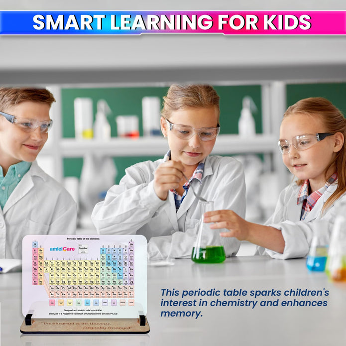Periodic Table Display with Acrylic Panel and Wooden Stand Educational Learning Study Desk Tool for Students & Teachers
