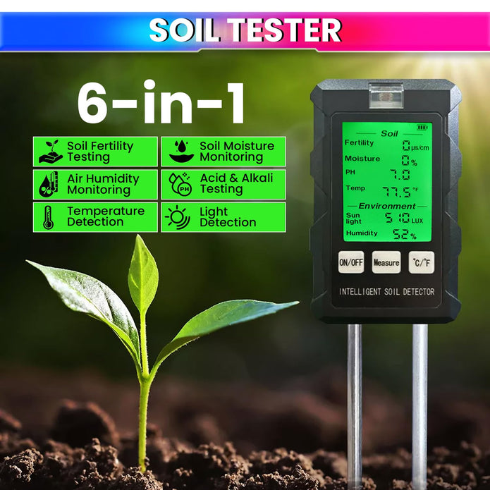 6-in-1 Soil Tester – Dual 180mm Probes -pH, Moisture, Temp, Fertility, Humidity & Sunlight Analyzer