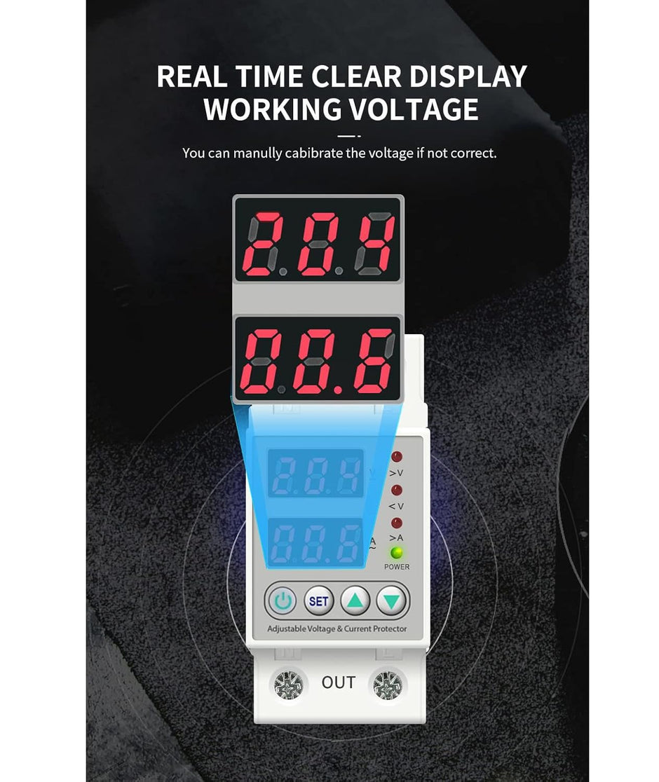 amiciSmart Automatic Over/Under Voltage & Over Load Protection with Auto Re-connect LED Display Din-Rail Mounted Single Phase 220V, 63A (13.8kW)
