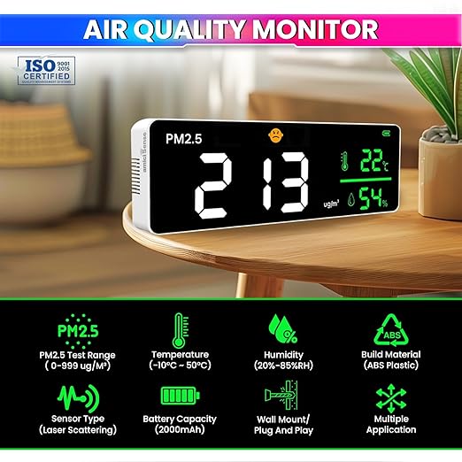 3-in-1 PM2.5 Air Quality Monitor – Indoor Sensor with Temp & Humidity, Visual Air Feedback