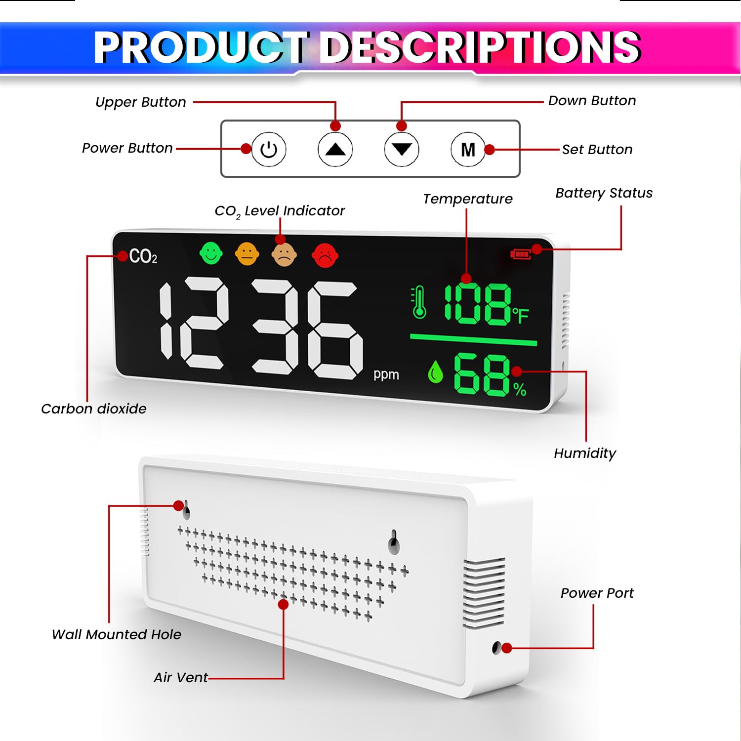 Digital Air Quality Monitor – AQI, CO2, Temperature & Humidity Tracker with Large LED Display & Smart Alerts for Healthier Living amiciKart