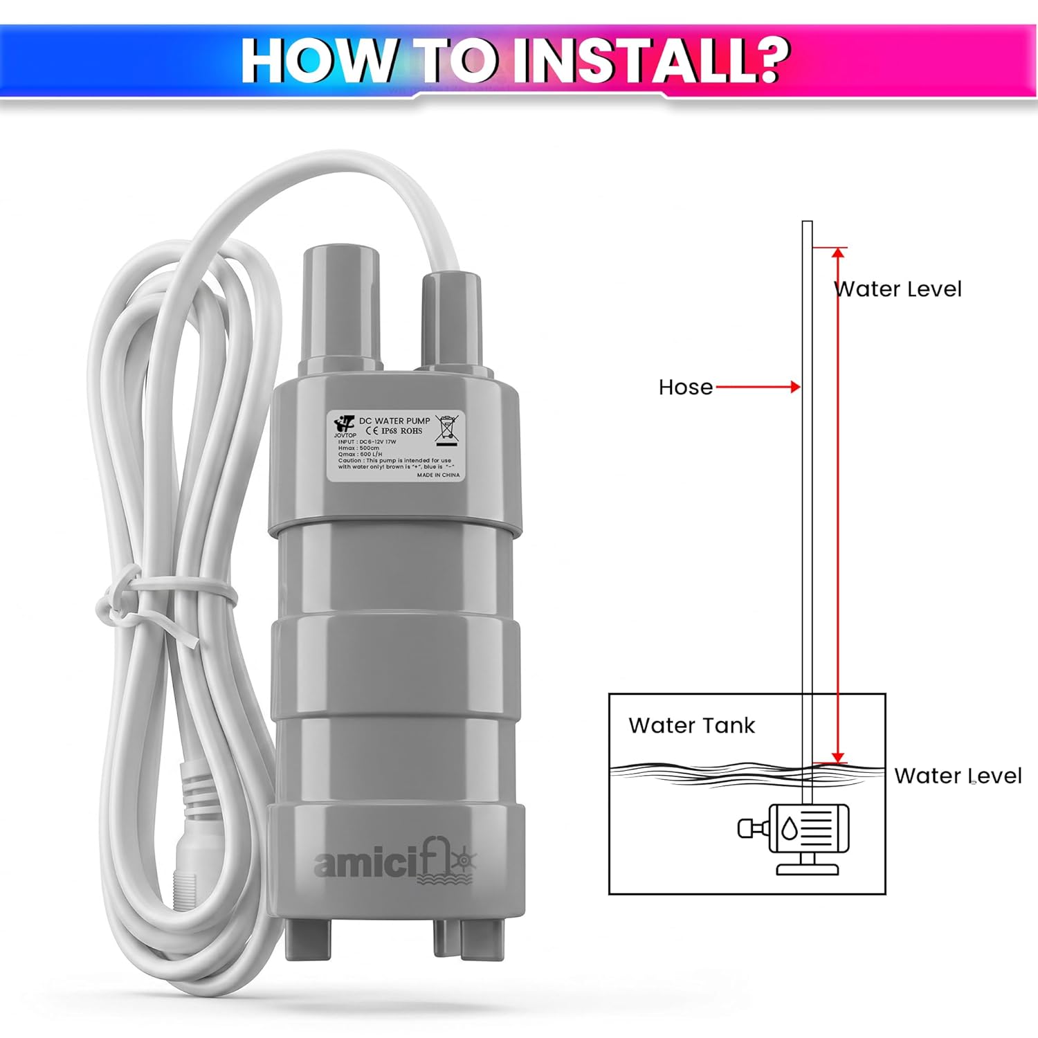 12V DC Submersible Water Pump 17W | 600L/H Flow 5m Lift | Aquarium, Fountain & Hydroponics