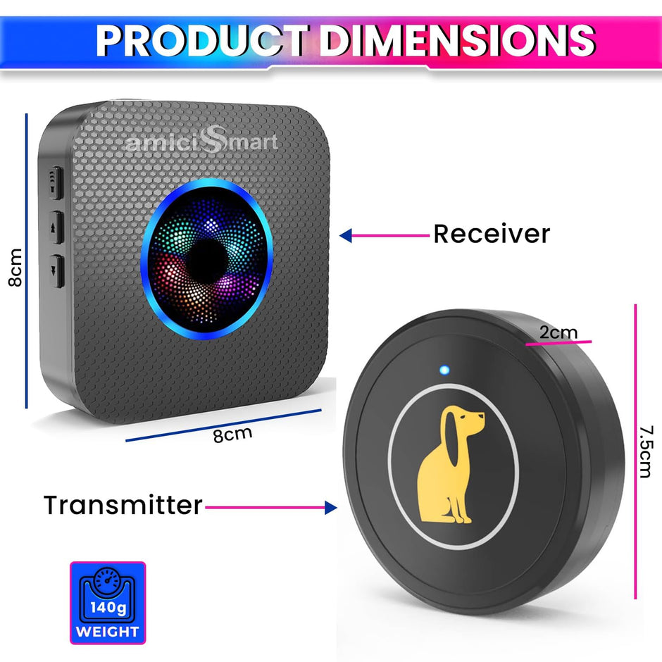 amiciSmart Premium Dog Potty Training Bell, Wireless Doorbell System with 55 Melodies & 5-Level Volume Control | Pet Tool with Transmitter & Receiver