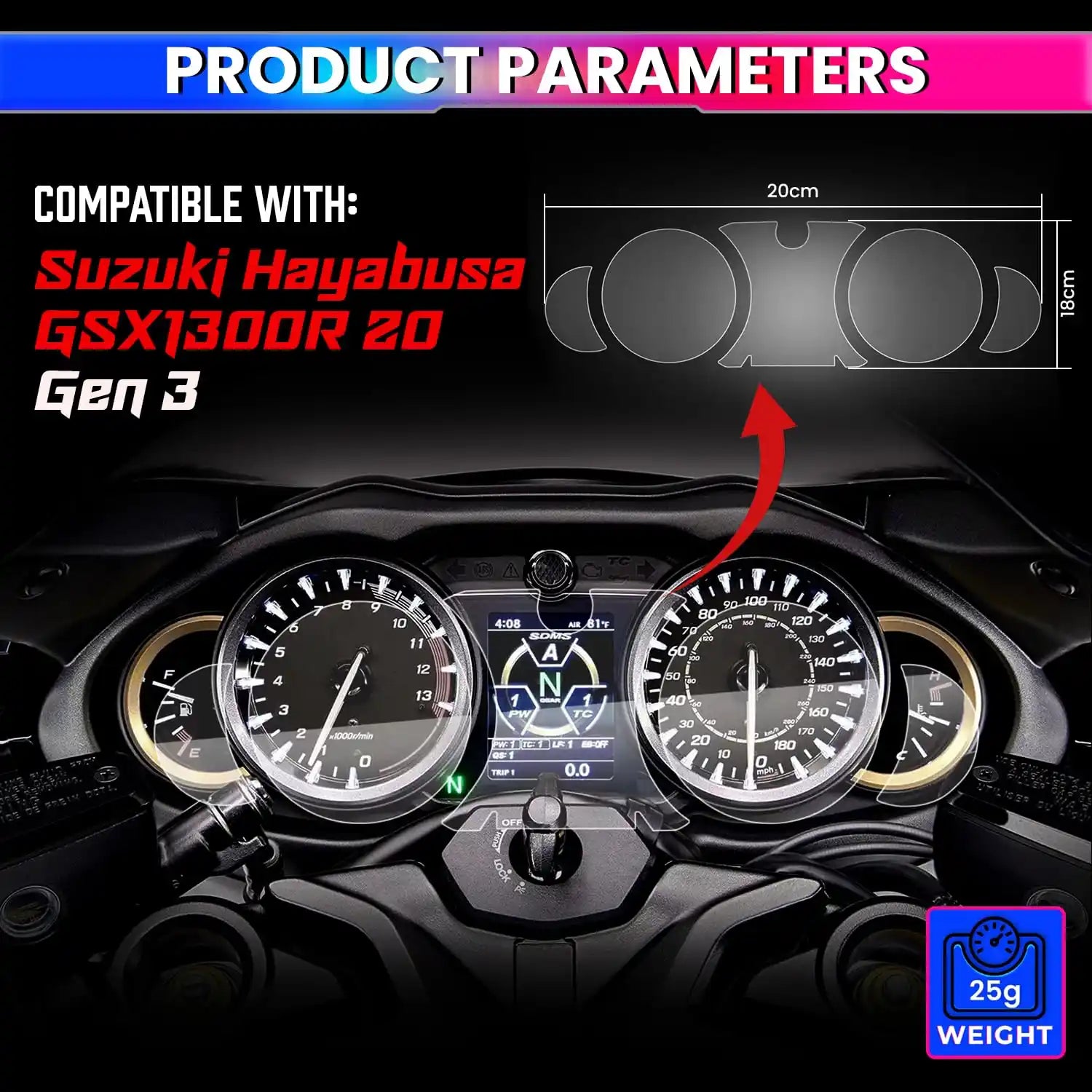 Suzuki Hayabusa GSX1300R Gen 3 Dashboard Screen Protector – HD TPU Cluster Meter Film, Scratch & Glare Resistant