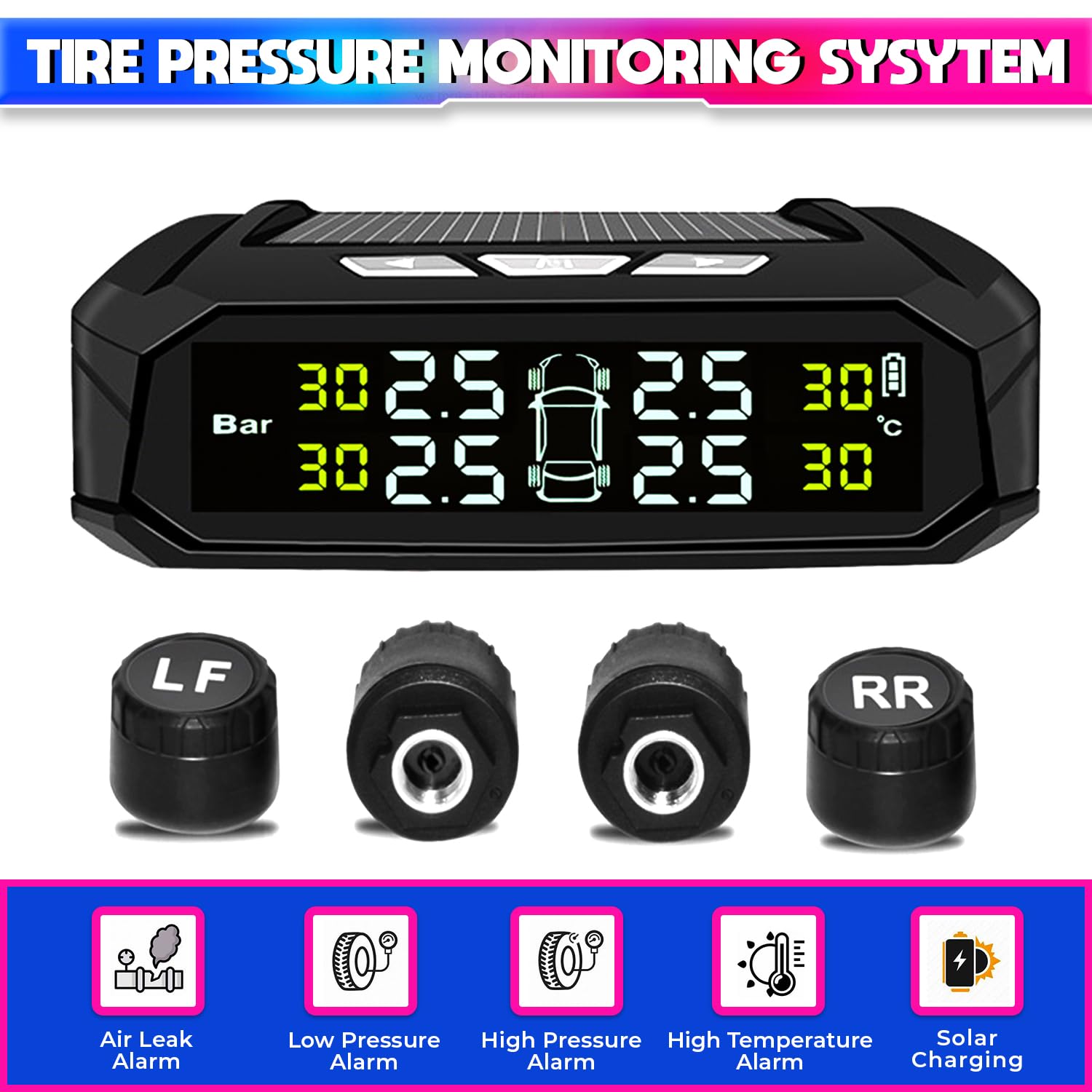 Solar Powered Car TPMS, Wireless Tyre Pressure Monitoring System with External Sensor amiciKart c0tmiz-hs.myshopify.com