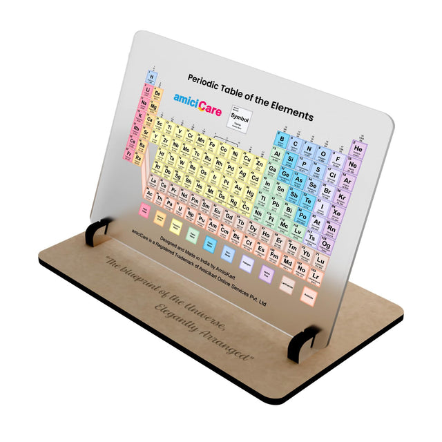 Periodic Table Display with Acrylic Panel and Wooden Stand Educational Learning Study Desk Tool for Students & Teachers