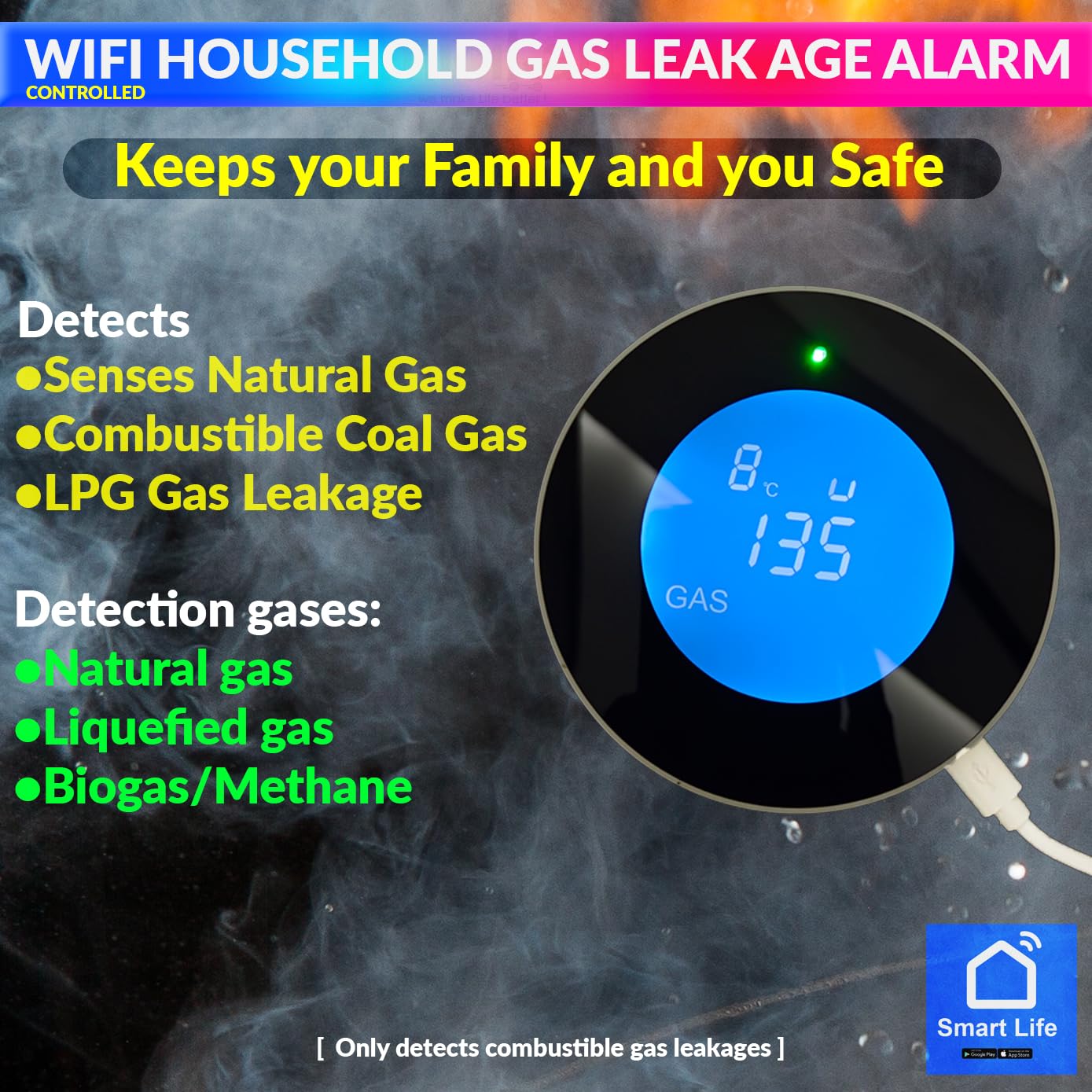 WiFi Flammable Gas Leak Detector, SmartLife App Compatible LPG/Natural Gas Leak Alarm Sensor for Fire Security Protection amiciKart c0tmiz-hs.myshopify.com