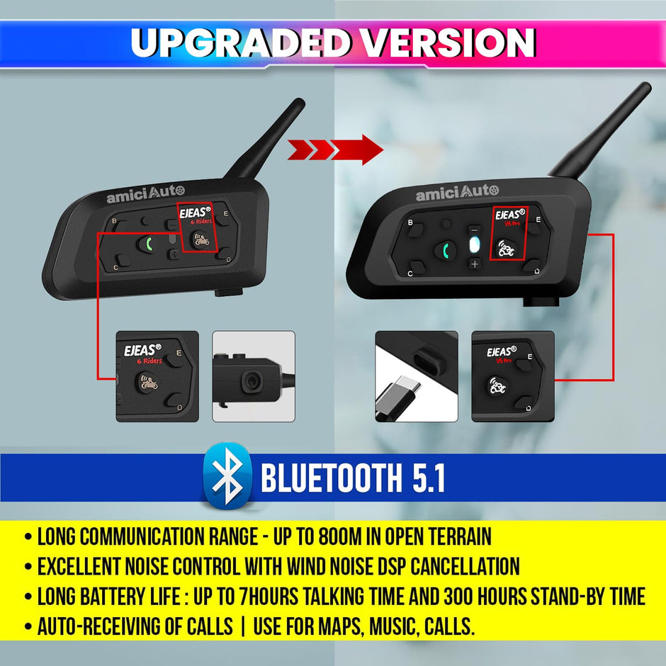 Ejeas V6 Pro Helmet Bluetooth Intercom for 6 Riders, Headphone with Mic