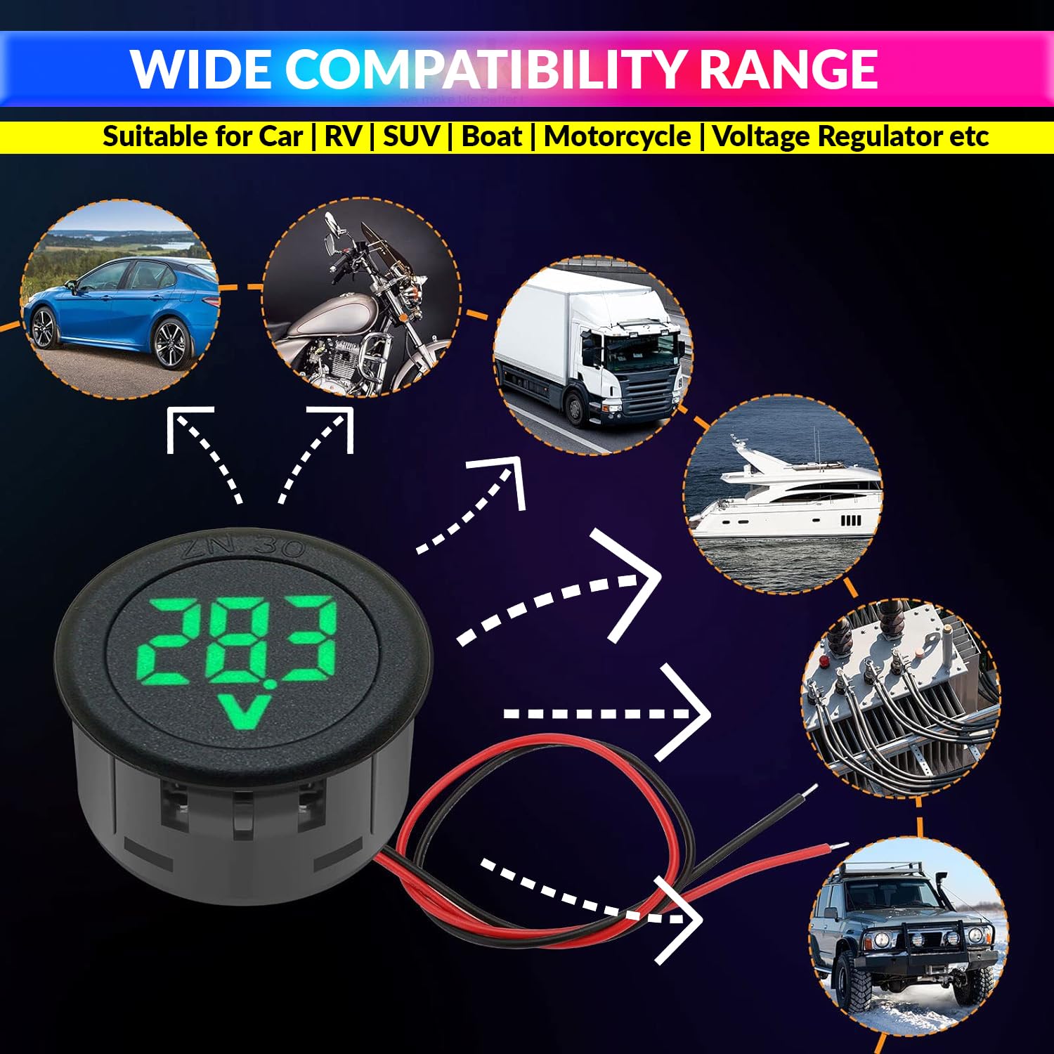 DC 5~100V Voltmeter, 3-Digit LED Digital Display Voltage Detector for Bike Battery Voltage Monitoring