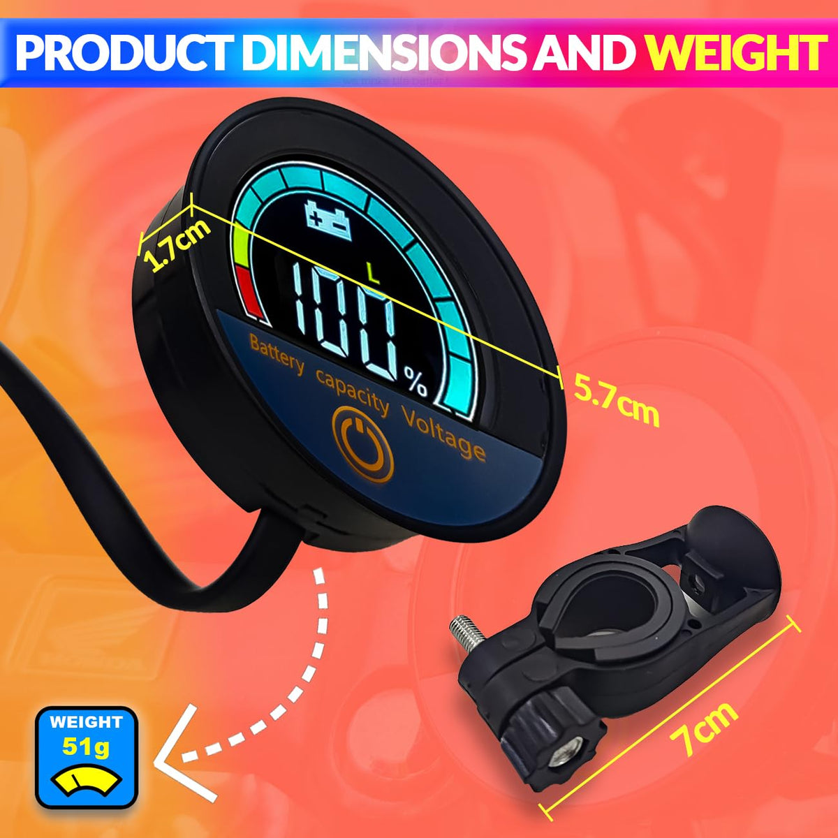 Digital Battery Indicator for Bikes, E-Rickshaws 4-in-1 Battery, Voltage Charge, Temperature with Grid Display