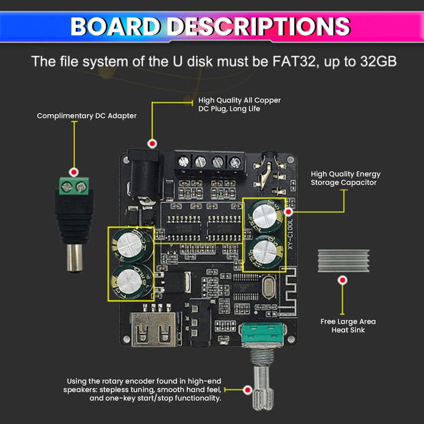 Mini Wireless Bluetooth 5.0 Audio Amplifier – Dual Channel DIY Speaker Amplifier with AUX/USB/U-Disk Input