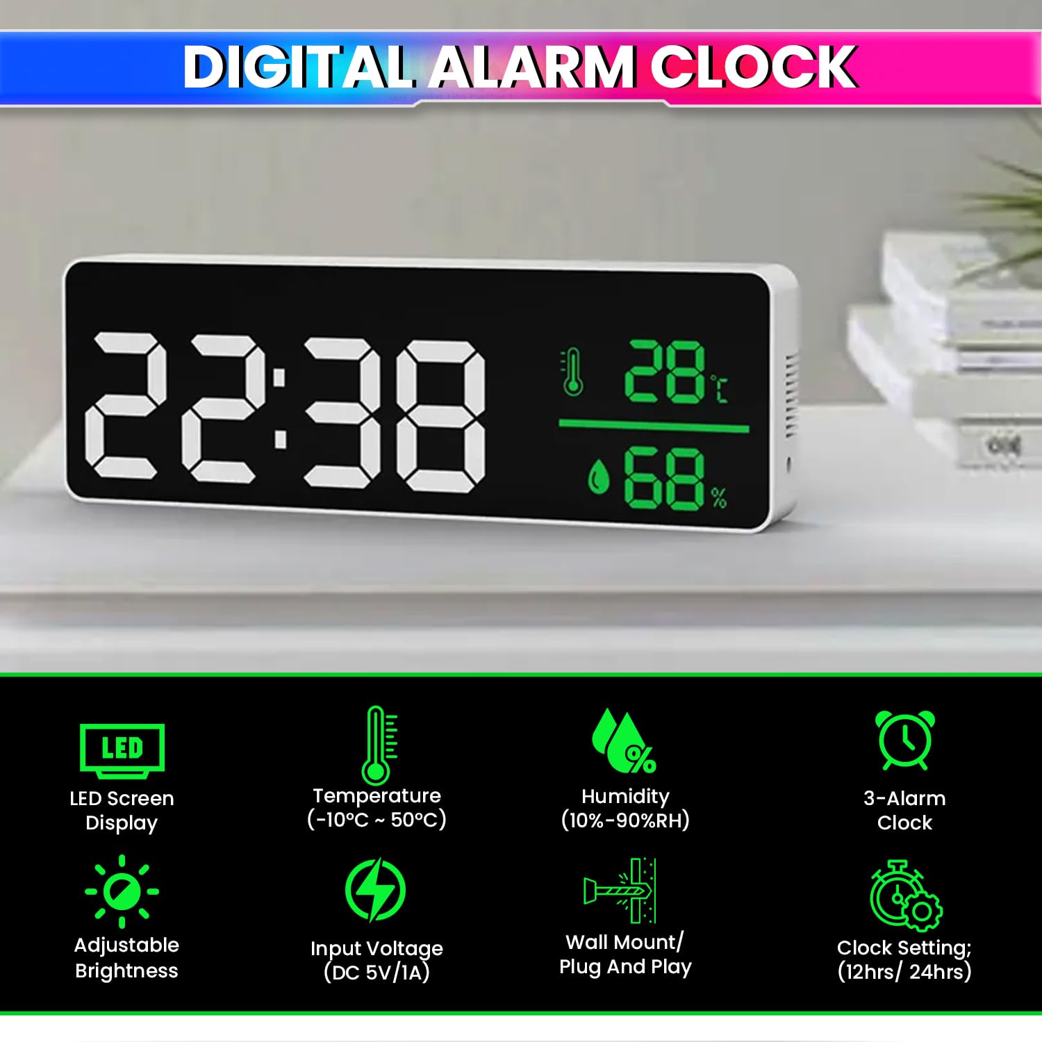 Digital LED Alarm Clock – Temperature & Humidity Display, Triple Alarm, Large LED Screen amiciKart