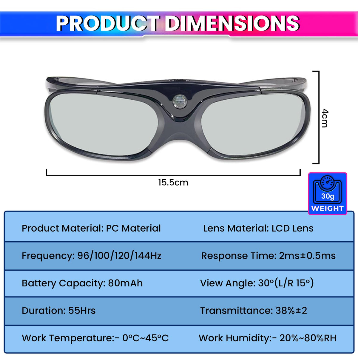 2 Lunettes 3D Actives 144Hz DLP Link Rechargeables - Compatible Projecteurs DLP Pour Expérience Cinéma Immersive