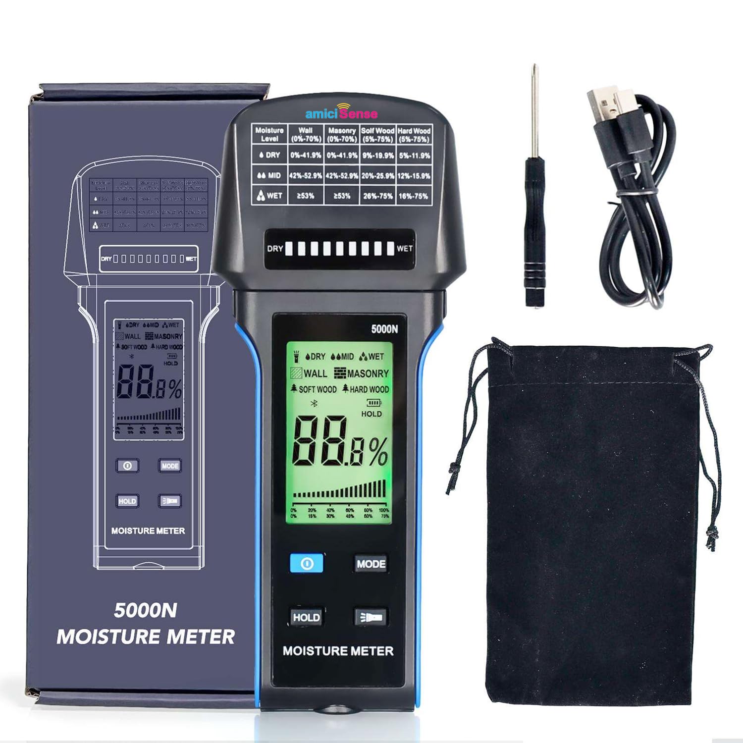Digital Moisture Meter with LED Indicators & Flashlight Multifunctional Hygrometer with Audible Alarm & Rechargeable Battery