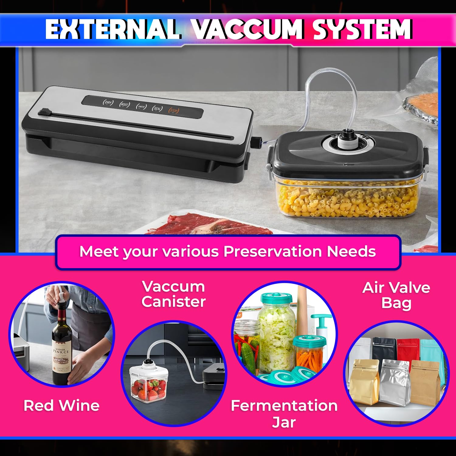 Vacuum Sealing Machine. 60kPa Automatic Food Packing with 20Pc Sealing Bags amiciKart